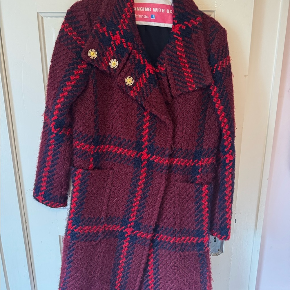 Ann Taylor Red and navy Checkered Coat